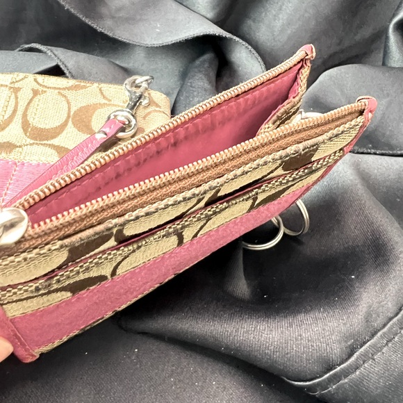 Used Coach Khaki and Pink Canvas Wristlet and card carrier with key chain - Picture 3 of 4